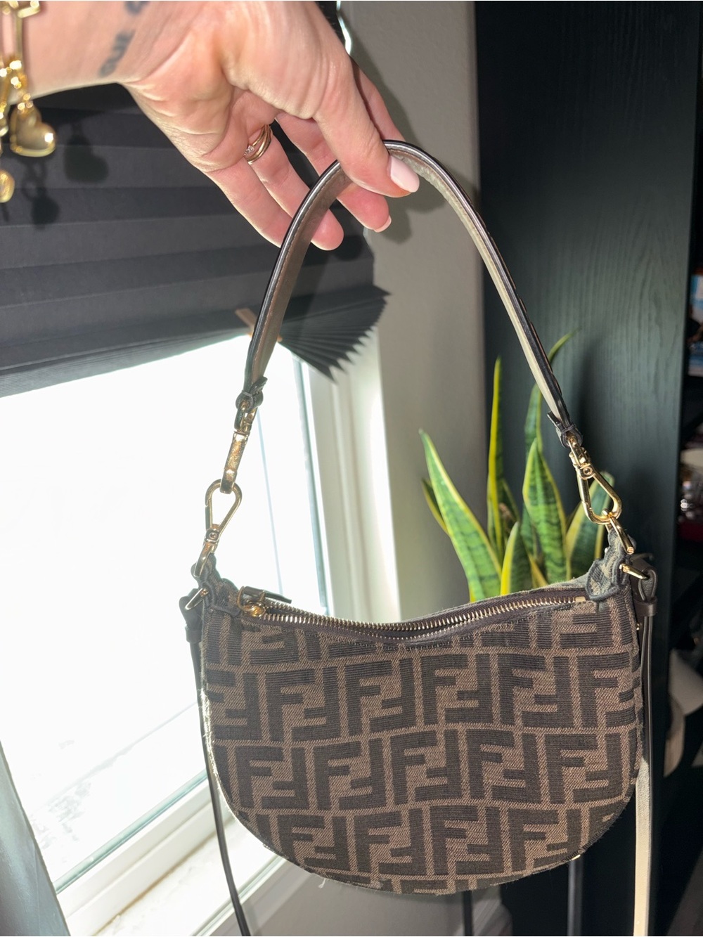 Fendi Brown Monogram Crescent Shoulder Bag with Gold Hardware